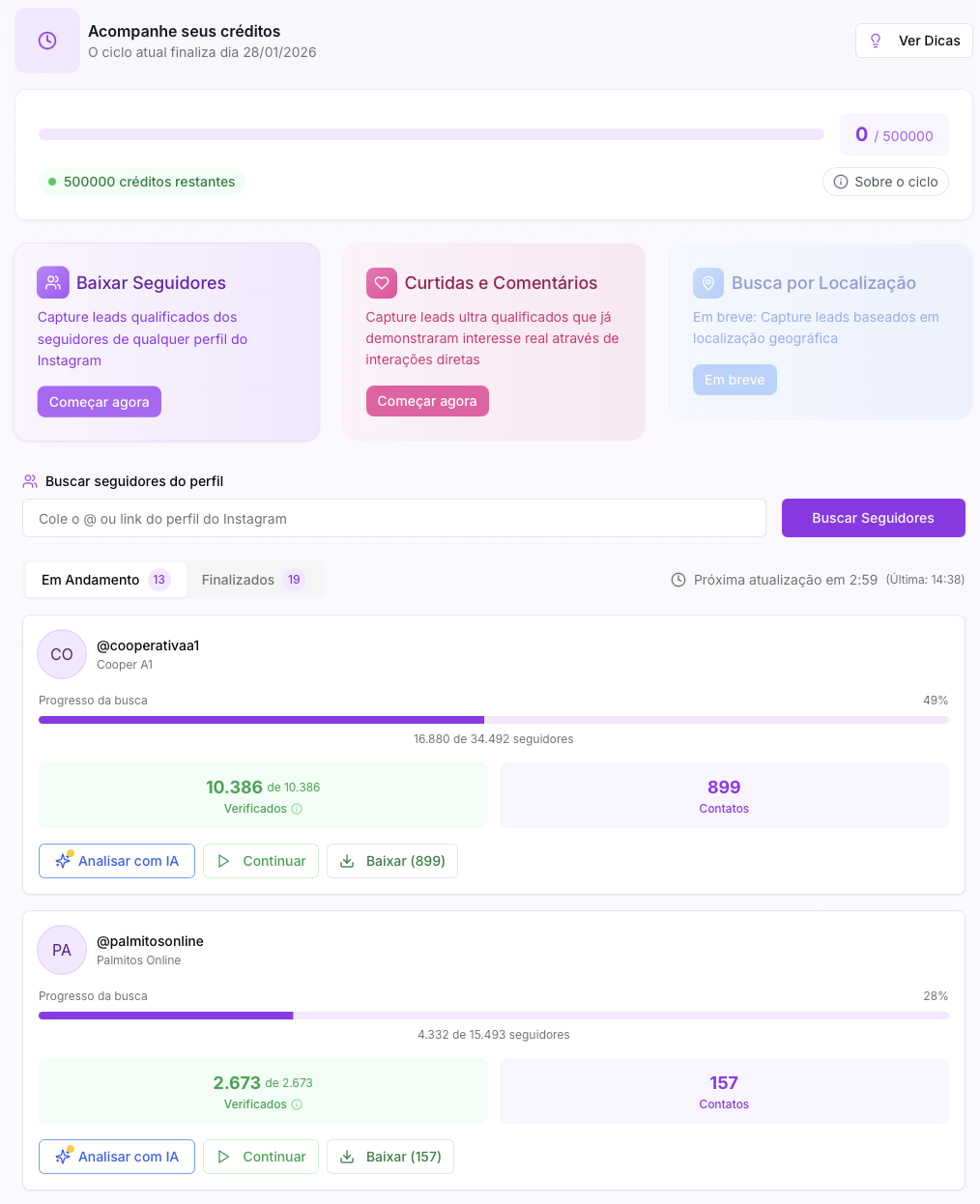 Dashboard inicial do Capture