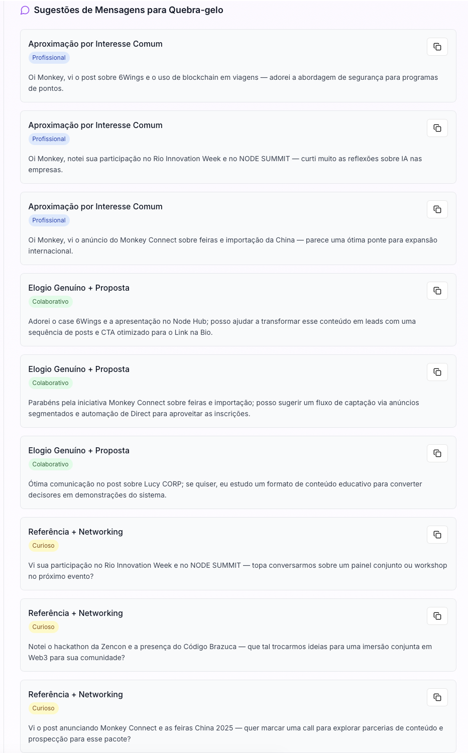 Sugestões de mensagem